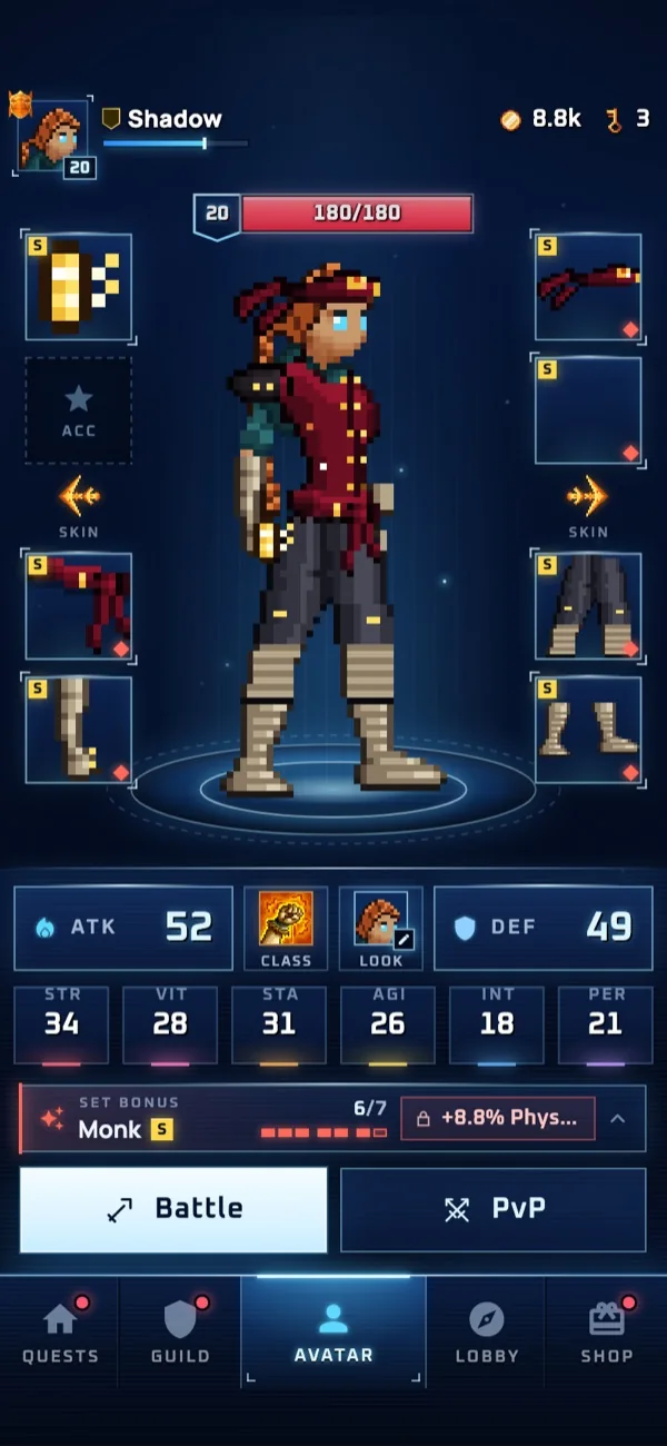 SelfQuest avatar with equipment and stats