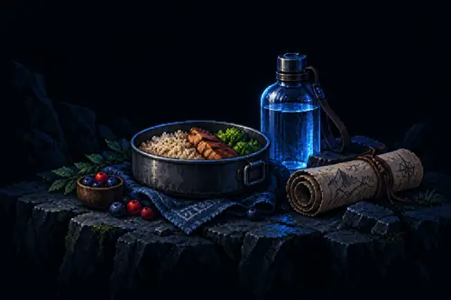Pixel-art adventurer's provisions: a meal, water flask and rolled map
