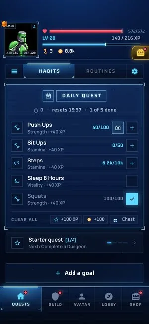 SelfQuest current daily quests with completed activity